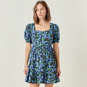 ENGLISH FACTORY Blueberry Puff Sleeve Mini Dress Cotton